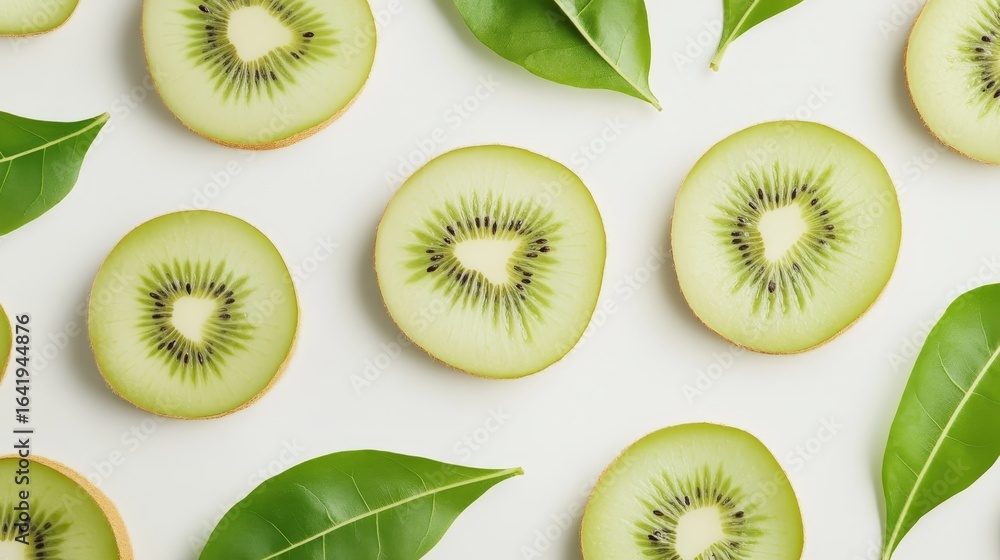 Fototapeta premium Kiwi fruit slices with a green leaf, shown against a white background. 