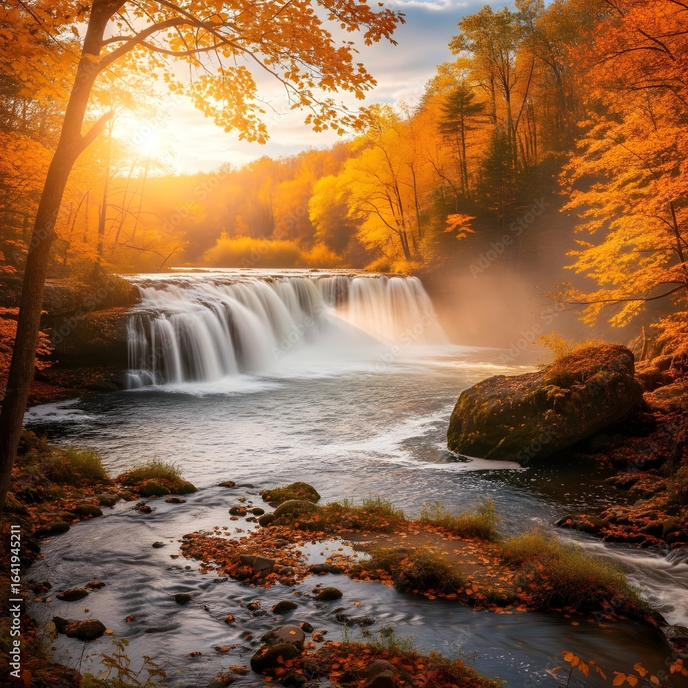 Autumn's Splendor A Waterfall Surrounded by Vibrant Fall Foliage Bathed in Golden Sunlight Creating a Serene and Picturesque Scene Autumn's Splendor A Waterfall Surrounded by Vibrant Fall Foliage Bathed in Golden Sunlight Creating a Serene and Picturesque Scene