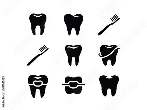 Dental Care Icons with Teeth and Toothbrushes dentistry