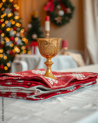 Golden chalice on folded red tablecloth Christmas setting  
