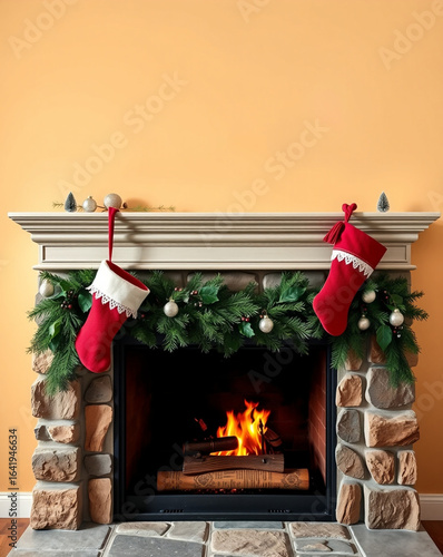 Christmas fireplace decorated with stockings and evergreen garland  