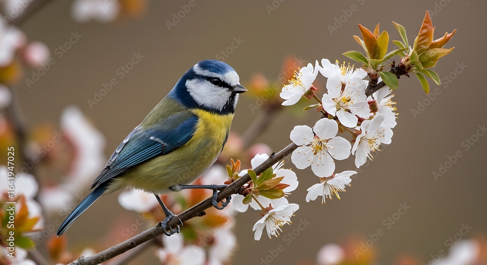 Fototapeta premium A Blue tit (Cyanistes caeruleus) resting on a blooming tree branch