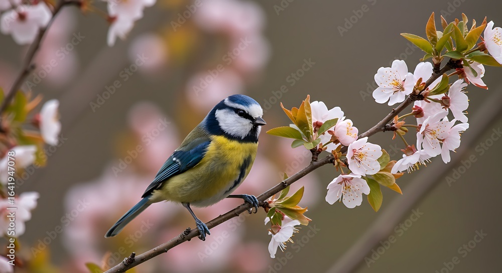Obraz premium Scenic a blue tit (cyanistes caeruleus) resting on a blooming tree branch