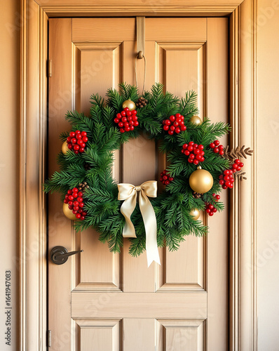 Christmas wreath decorated with gold and red ornaments on door  