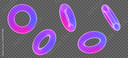 3d set glass transparent neon torus symbol or icon with different angles. Holographic geometry figure tor form. Stock vector illustration on isolated background.	