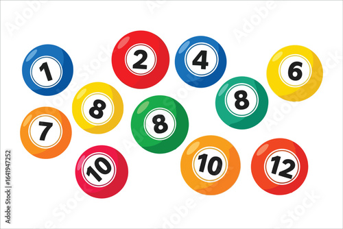 12 stylized bingo balls with different numbers. Clean, simple round shapes with bold fill. Bingo Ball Icons Set. Simple Numbered Ball.