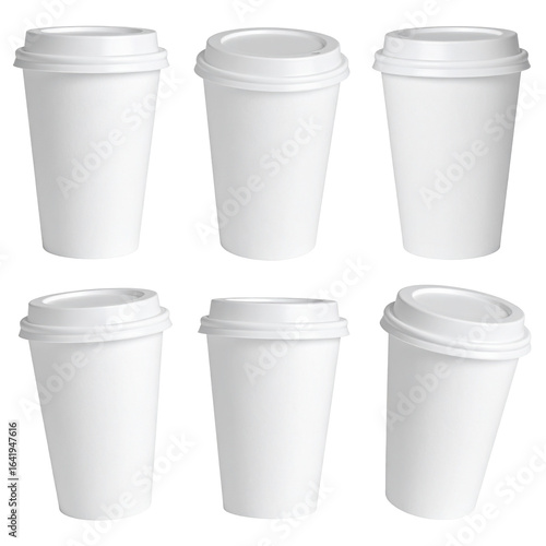 Group of Blank Paper Cups with Lids on Isolated Background for Advertisement or Marketing