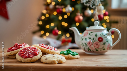 Festive cookies decorated with icing next to a teapot on wooden table  