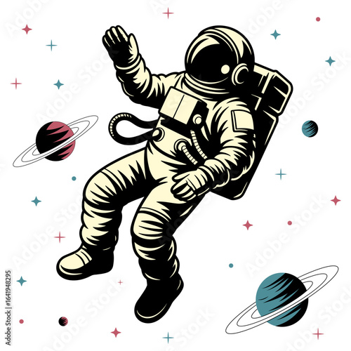 Vintage Astronaut Floating in Space Vector Illustration