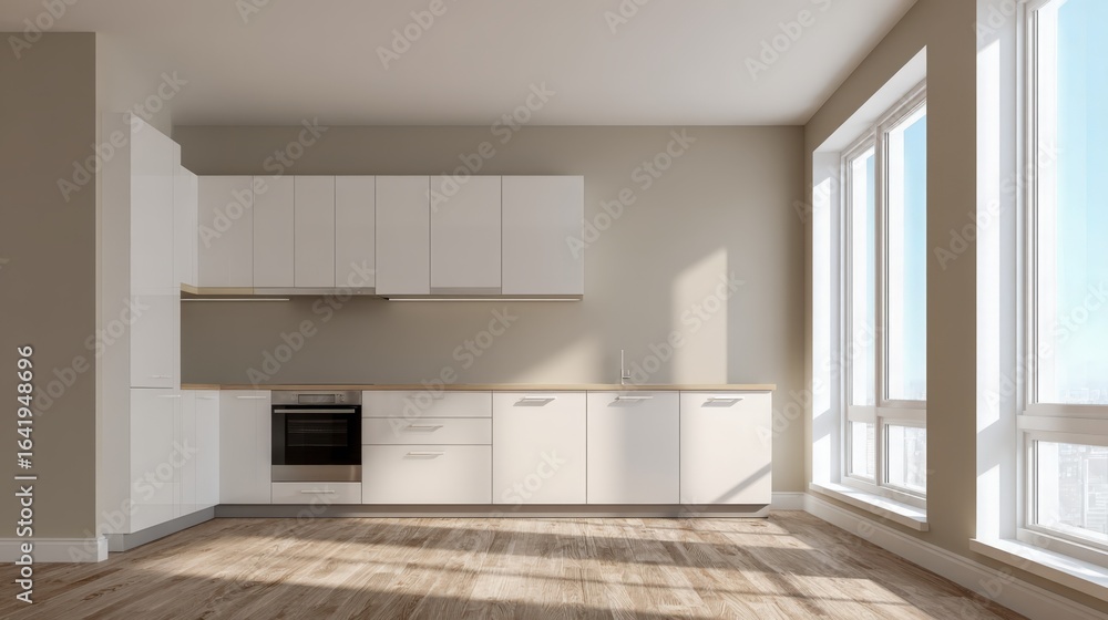 custom made wallpaper toronto digitalModern Minimalist Kitchen Interior with White Cabinets, Wood Flooring, and Natural Light from Large Windows