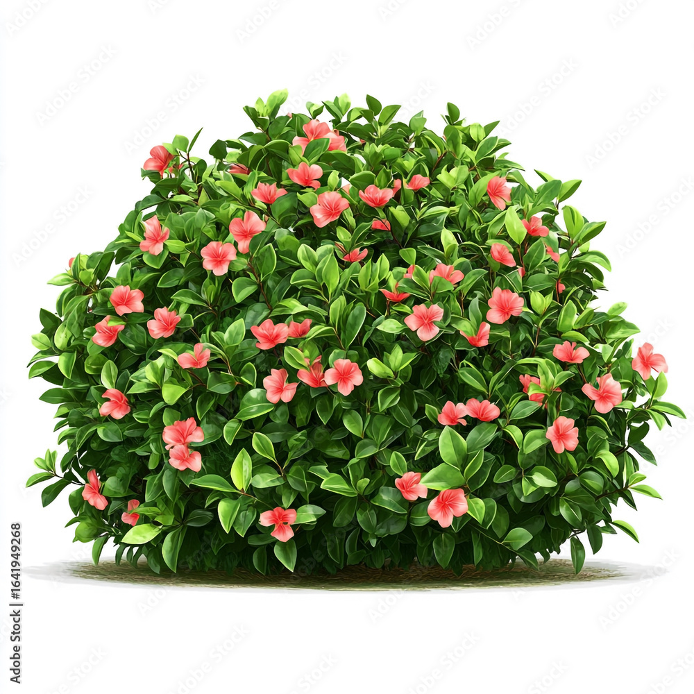 Naklejka premium Lush green bush with abundant pink flowers on white background plant leaves
