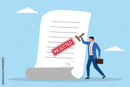Vector illustration of a businessman stamping a large document with ‘Rejected,’ depicting the act of denial, refusal, or disapproval in a corporate or business context
