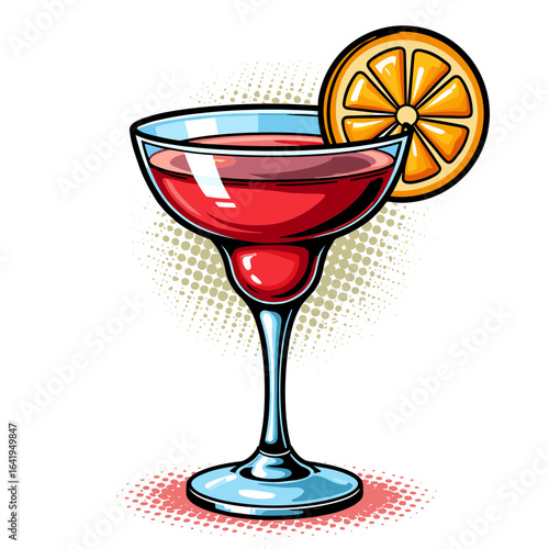 Colorful cocktail glass with orange slice in pop art style  