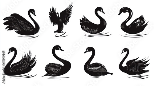 Fototapeta Naklejka Na Ścianę i Meble -  Eight black swan silhouettes, water background, graphic design element