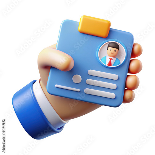 Stylized 3d cartoon hand wearing a blue suit and white shirt holding a blue identification badge with a person icon and details isolated on transparent background