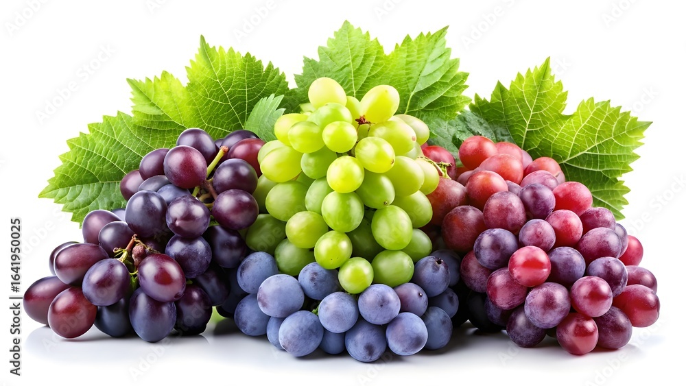 Obraz premium Three bunches of fresh grapes in various colors with green leaves