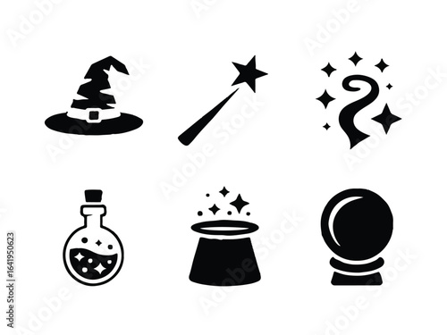 Six black magic and fantasy icons on a white background