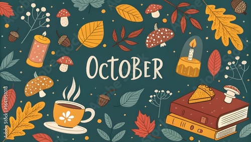 Cozy october autumn scene with books and hot drink