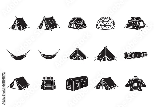 Camping tent and equipment vector illustration set with dome tent tunnel tent pup tent canvas tent equipment