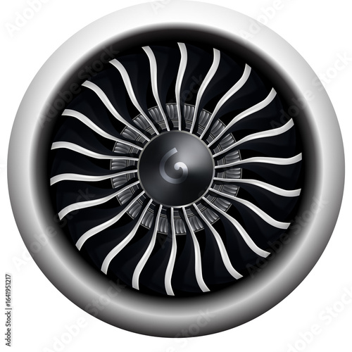 Black and white vector illustration of a round turbine engine fan on a white background