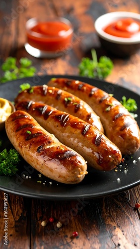 Grilled sausages on dark plate