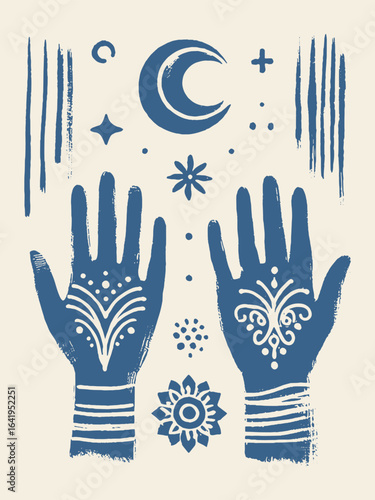 Decorated hands moon stars tribal blue on beige vector illustration