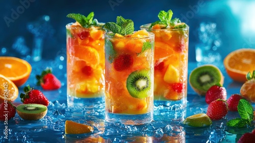 Refreshing fruit cocktail on ice, summer drinks