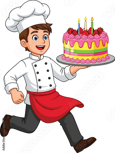Cartoon Chef Holding Birthday Cake, Running Pose, Pink Frosting, Strawberries, Candles, White Hat, Red Apron, PNG, Vector, Celebration