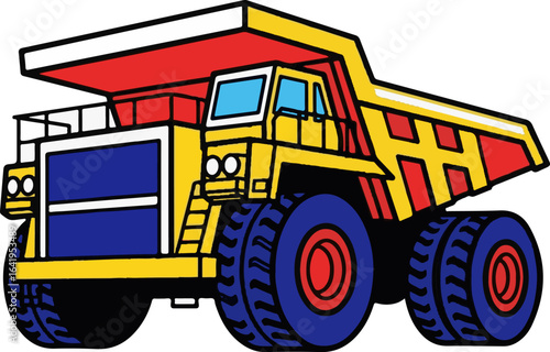 Vector art of yellow mining dump truck with blue wheels isolated on white background
