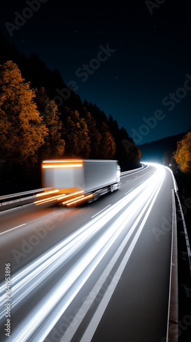 Wallpaper Mural The trail of light left by the large truck as it travels along a road. The image captures the motion and speed with the vehicle's lights streaking across the asphalt Torontodigital.ca