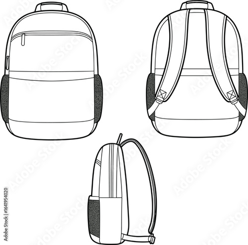 Backpack cad drawing flat vector illustration, front back side view, technical sketch, zipper pocket, shoulder strap, product design, accessory