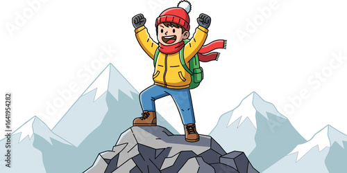 Cartoon Mountain Climber on Summit, Red Beanie, Yellow Jacket, Blue Pants, Green Backpack, Snowy Peaks, PNG, Vector, Adventure Character
