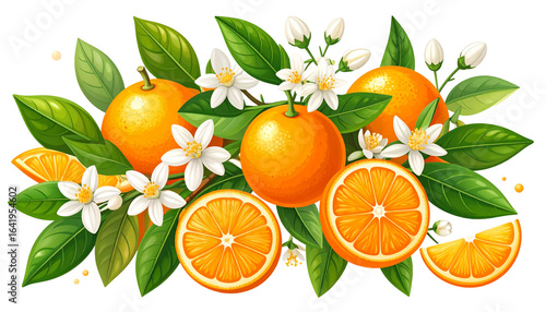 Vibrant Orange Fruit Composition: Juicy Oranges, Blossoms, and Leaves for Citrus, Food, and Drink Designs