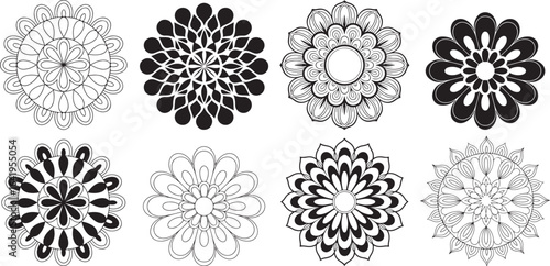 Collection of eight intricate black and white ornamental mandala designs in an oval shape