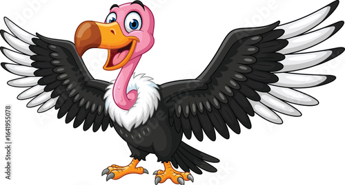 Cartoon Vulture with Pink Head, Black Feathers, White Ruff, Blue Eyes, Orange Beak, Yellow Claws, PNG, Vector, Animal Character