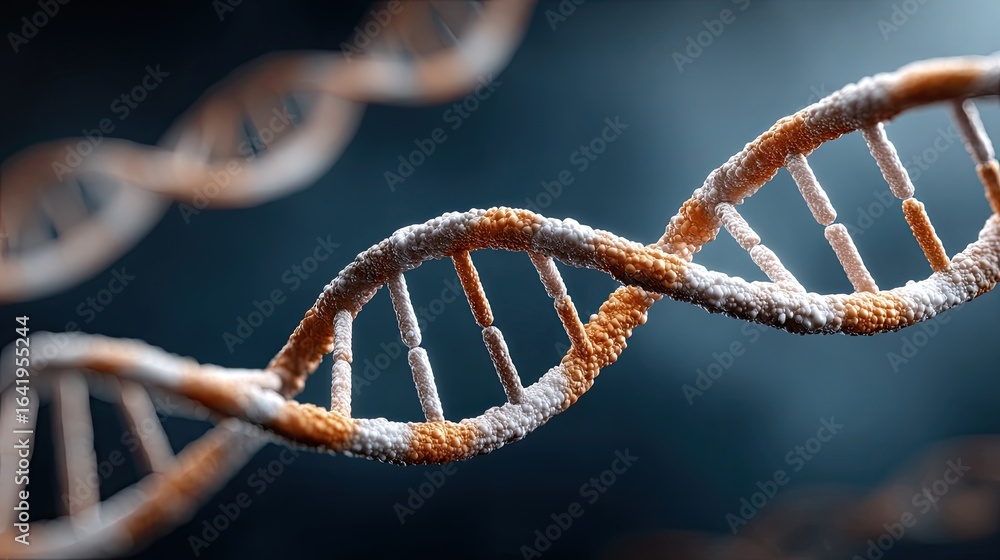 Stunning DNA double helix visualization with depth blur on a dark blue background, showcasing molecular complexity Stunning DNA double helix visualization with depth blur on a dark blue background, showcasing molecular complexity