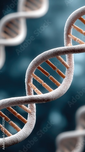 Stunning DNA double helix visualization with depth blur on a dark blue background, showcasing molecular complexity
