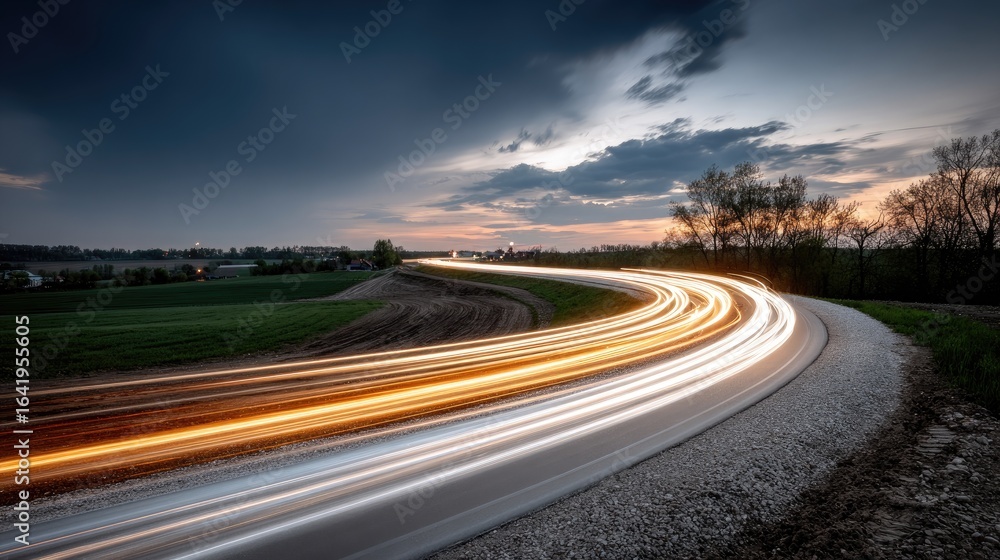 Naklejka premium Wheels of a tractor glide through dark soil, leaving bright trails of light as the sun sets, showcasing the beauty of farmland