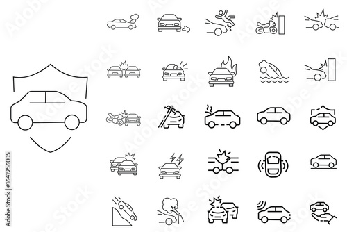 Simple Set of Car Accident Related Vector Line Icons.  Contains monochrome icons like car, collision, crash, accident and more.  Contains such Icons as Side Collision, Frontal Collision, Broken Car.