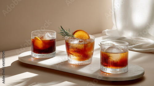 a tasting board 3 different oxacan old fashiond cocktails in clean simple modern glassware