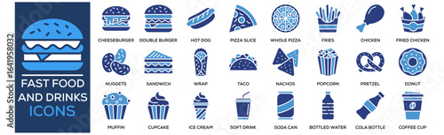Fast Food and Drinks icon collection set. Containing design Burger, Cheeseburger, Double Burger, Hot Dog, Pizza Slice