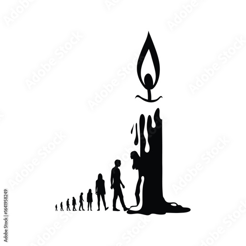Human Evolution Silhouettes Walking Towards a Melting Candle Life Cycle Concept