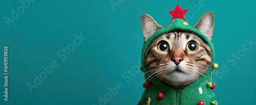 The adorable cat dressed in a festive Christmas sweater with a star.
