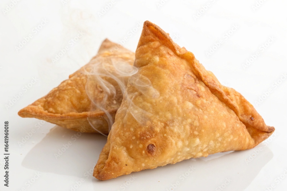 Two golden brown samosas, a popular indian snack, isolated on white background these pastries are made with fresh ingredients and spices Two golden brown samosas, a popular indian snack, isolated on white background these pastries are made with fresh ingredients and spices
