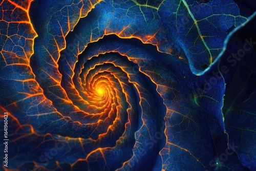 Fiery spiral within a leaf, abstract art, nature's fractal pattern, vibrant colors, glowing veins.