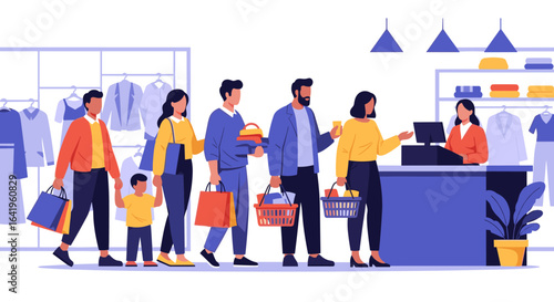 Customers patiently waiting in a long queue at a checkout counter in a busy retail store with clothing displays and merchandise on shelves