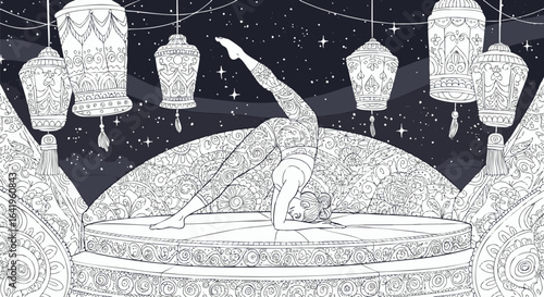 Serene Nighttime Yoga Woman Performs Elegant Headstand Amidst Ornate Lanterns and Cosmic Sky