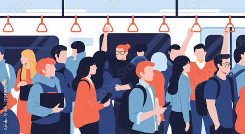A diverse group of people standing together inside a crowded public transportation vehicle enjoying their daily commute