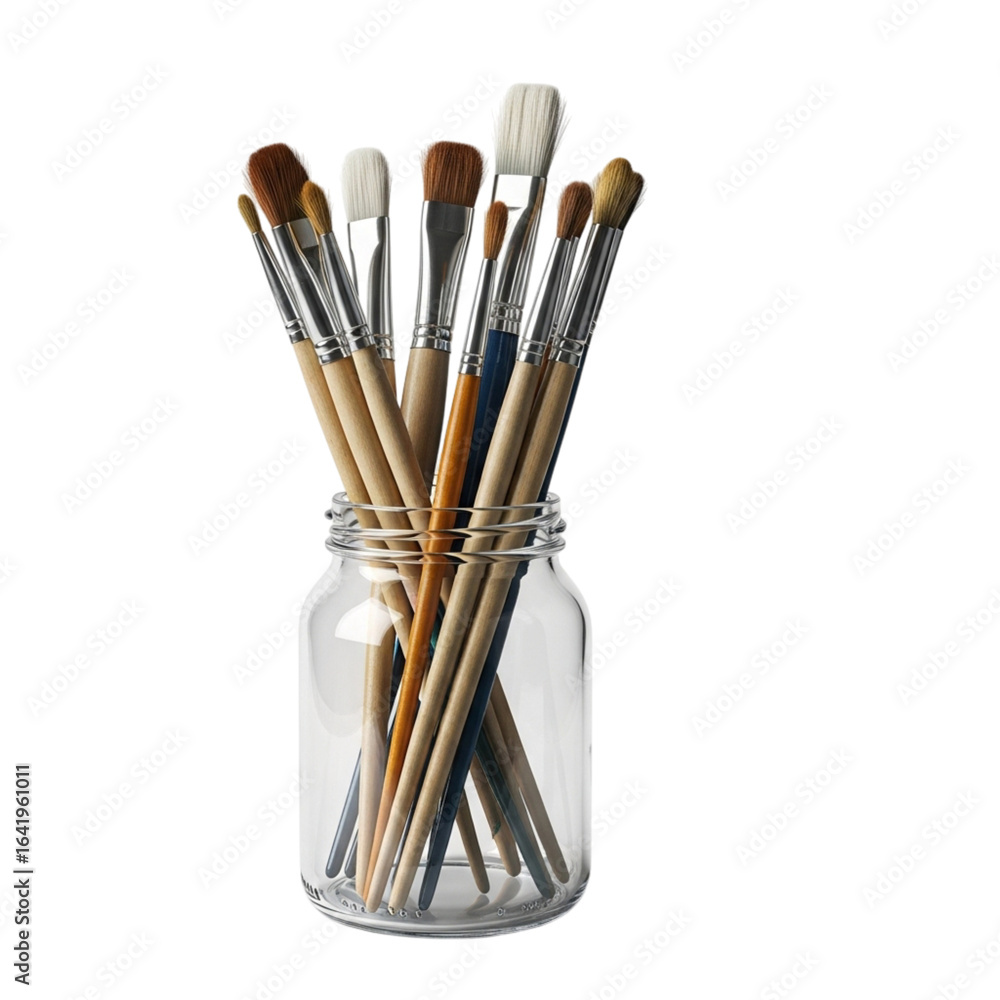Fototapeta premium Collection of assorted paint brushes standing upright in a clear glass jar isolated on transparent background