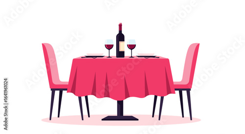 Elegant romantic dinner table setting for two with red tablecloth wine glasses and chairs